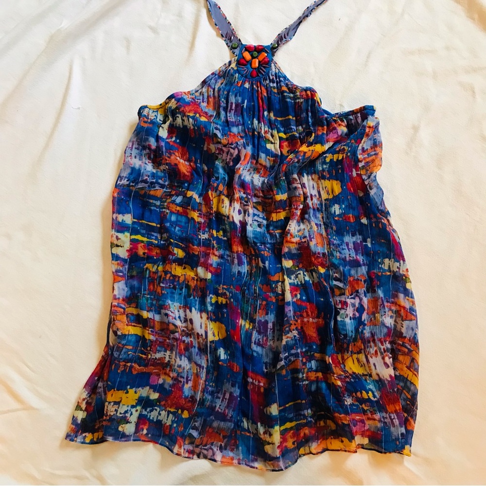 Robert Graham halter mini dress L backless tie neck sheer floaty silk chiffon
